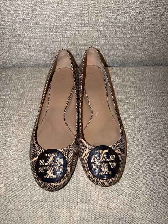 Tory Burch Shoes - Tory Burch Reva Snake-Print Leather Ballet Flat with Silver Logo